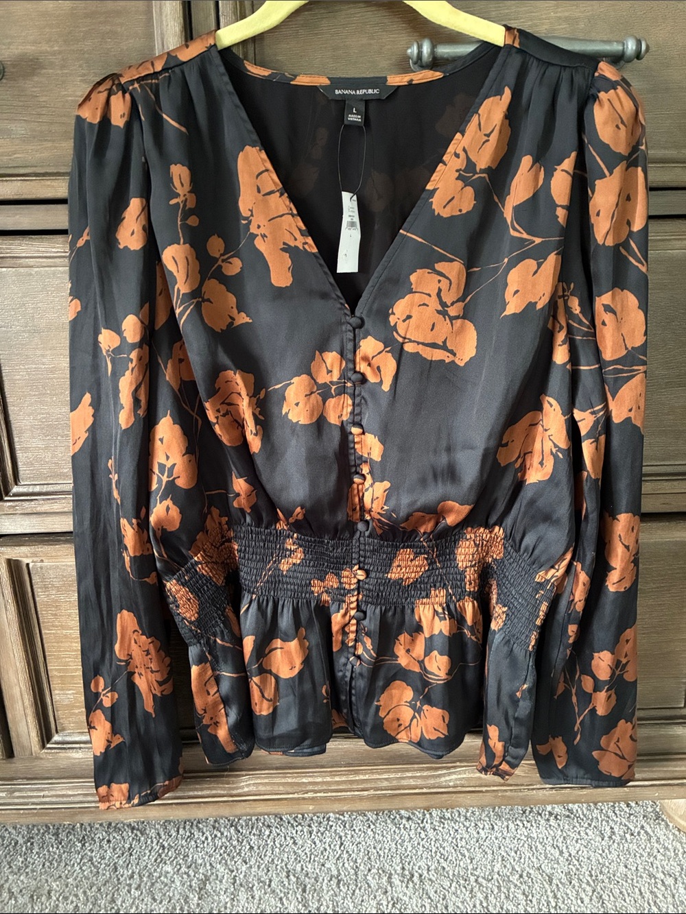 Banana Republic Black Blouse with Rust Floral Print and Smocked Waist